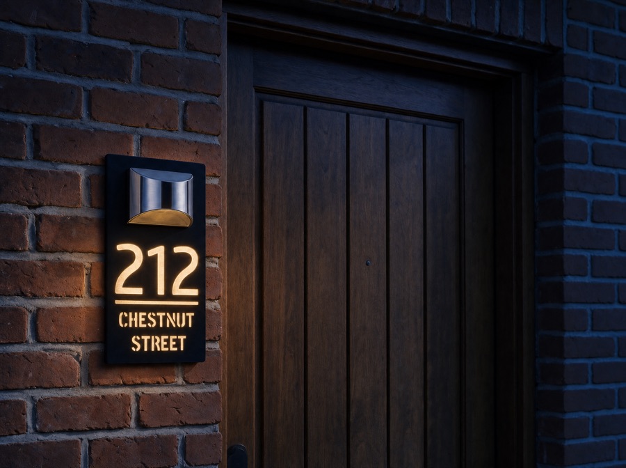 ShineNumber sign glowing warmly on a brick facade at dusk